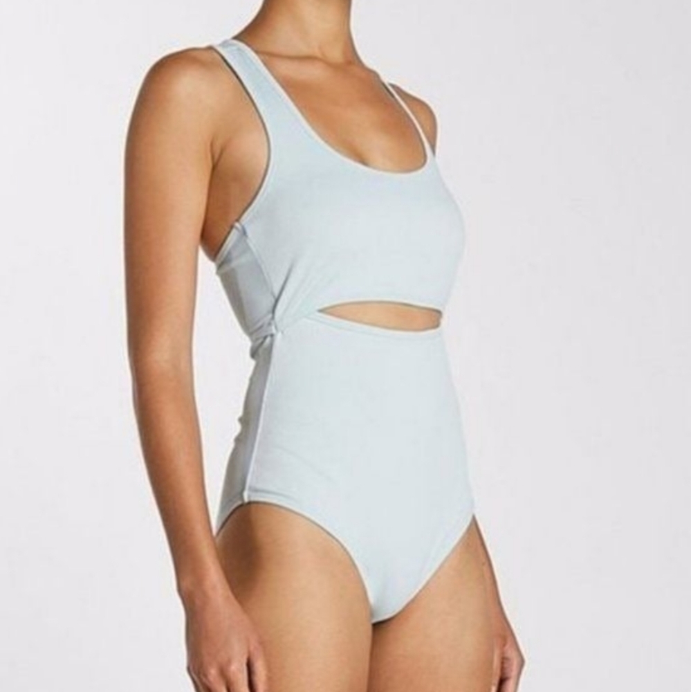 SECNDNTURE by Jordyn Woods Ribbed Cut Out Bodysuit Sky Blue